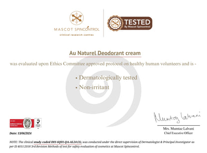Certificate stating that the 'Au Naturel Deodorant cream' was dermatologically tested and found to be non-irritant. It includes approval and signature from Mrs. Mumtaz Lahvani, Chief Executive Officer.